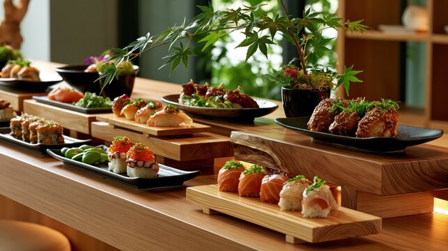 A sushi bar displays various types of sushi and Japanese dishes on wooden plates during lunchtime in a cozy restaurant setting