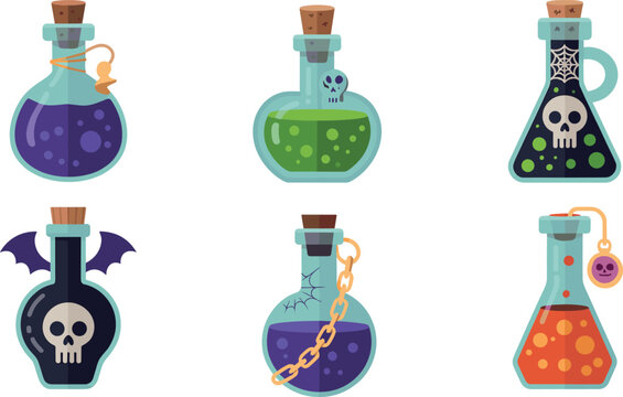 Set of six colorful Halloween magic potion bottles featuring skull, bat wings, chain, and spider web design elements.