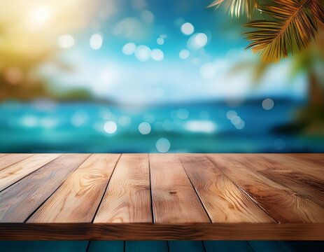 empty wooden table for product display and blurred sparkling sea background copy space generative ai