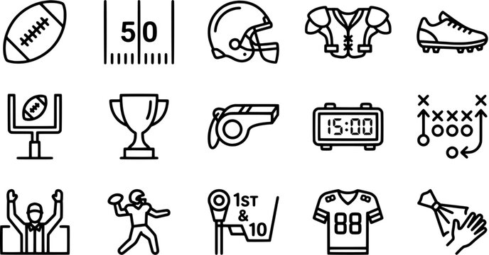American football icon set in a line art style including helmet, trophy, whistle, goal post, player, jersey, playbook and equipment.