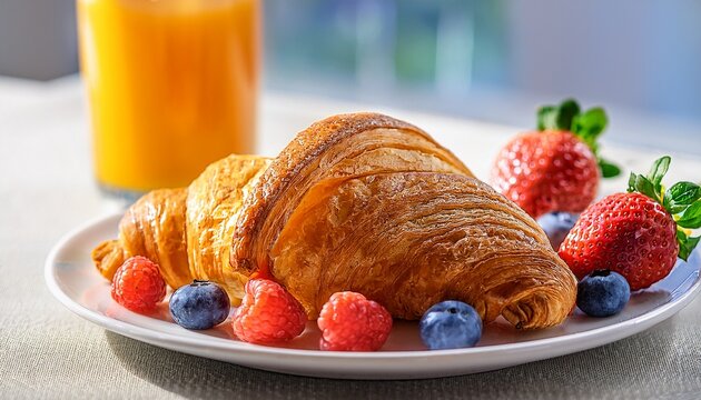 a golden flaky croissant served with fresh red strawberries and blueberries on a white plate next to a glass of chilled bright orange juice bread food bright