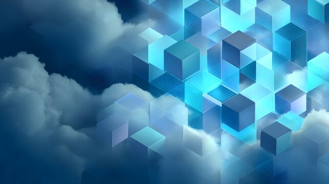 Symmetrical floating gradient cubes in cloudy blue background with cubes various shades set against cloudy symmetrical arrangement representation