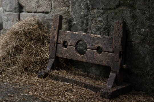 A rough wooden pillory in hay against a stone castle wall.