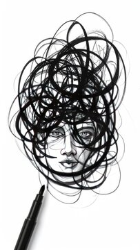 A face emerges from chaotic ink scribbles, a marker tip hinting at creation