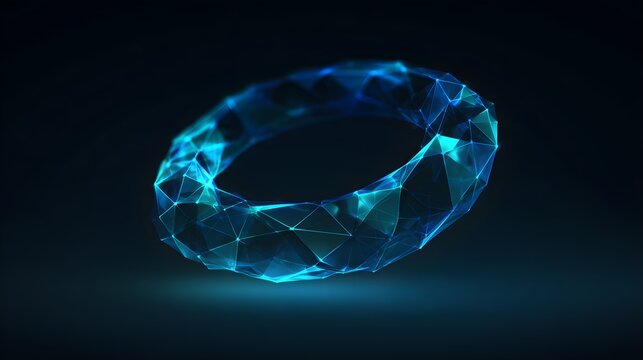 Glowing polygonal ring structure in cyan against dark background with technology abstract geometry science digital render visual effect with light