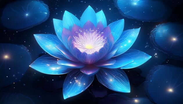 a beautiful blue lotus water lily flower glowing at night under aerial view