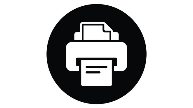 Minimalist white printer icon graphic inside a bold black circular frame featuring clean lines and a simple flat design style