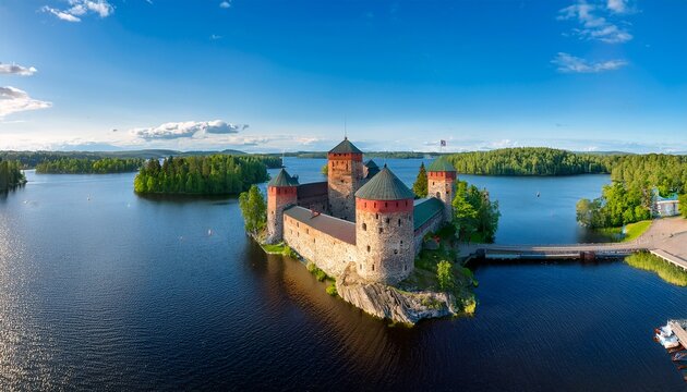 aerial panorama view of olavinlinna castle in summer in finland