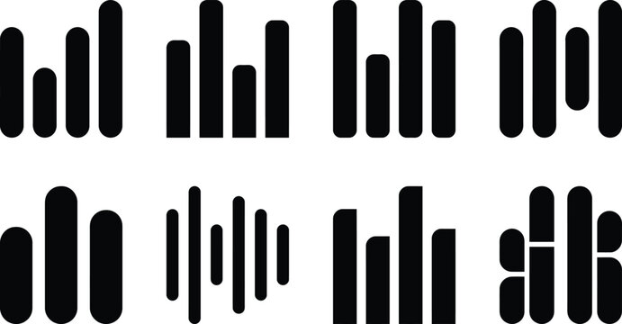 Collection of various black bar graph data visualization icons isolated on transparent background silhouette