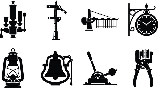 Vintage railway station equipment and old train tools black silhouette vector icons set