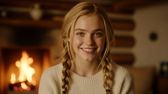 Smiling Young Woman in a Knit Sweater sitting by a Fireplace