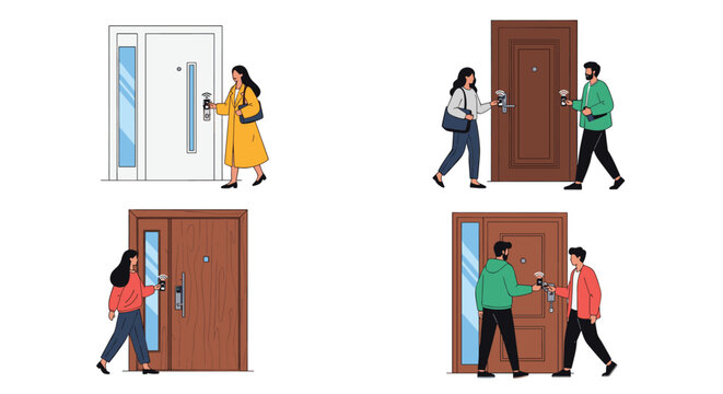 Modern residents using smart electronic door locks with fobs and cards to enter their stylish contemporary homes.