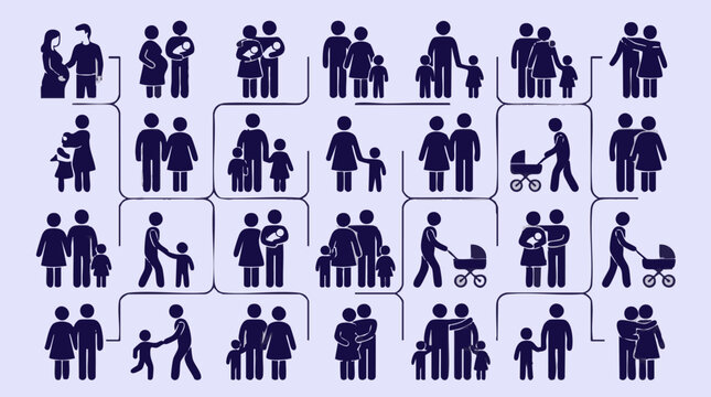 Vector set of diverse family icons and pictograms showing relationships