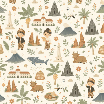 Cute Scandinavian East Java Culture Seamless Pattern with Bromo Volcano, Jawi Temple, Suramadu, Traditional Children and Whale Shark