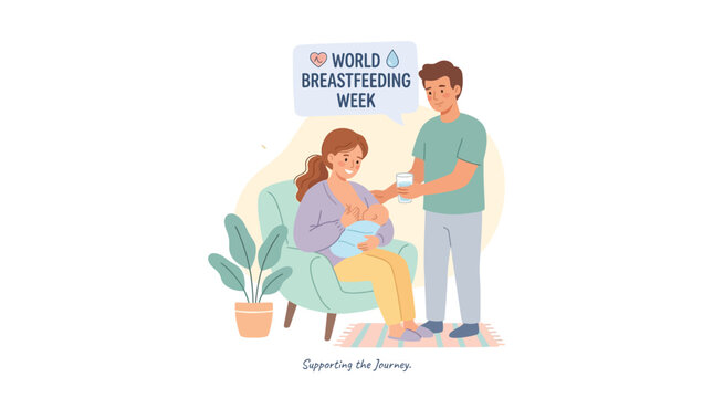 Supportive partner assists nursing mother and newborn baby during family health awareness campaign illustration