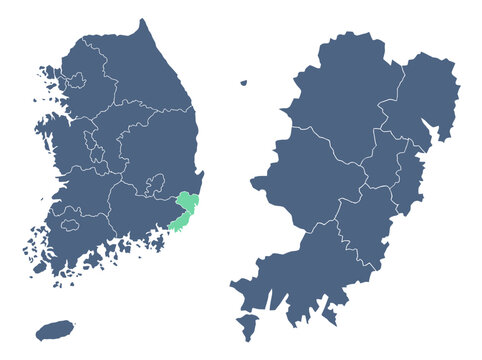 South Korea Administrative Map Highlighting Ulsan Metropolitan City with Detailed District Inset