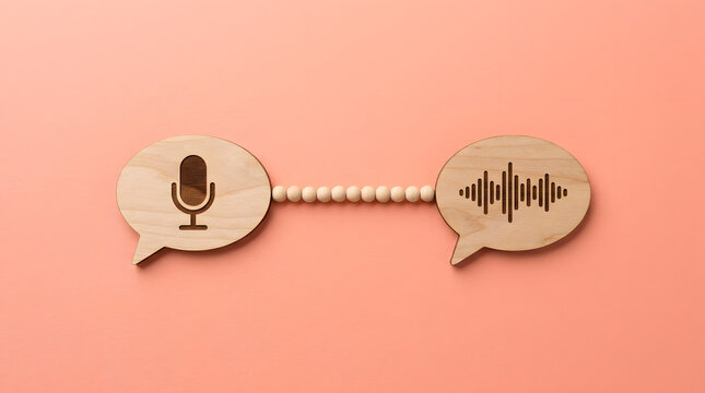podcast recording equipment concept | wooden speech bubble icons | audio communication technology art | voice message and sound wave illustration | minimalist digital media background