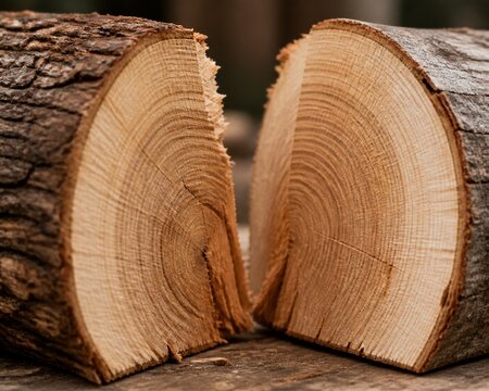 A wooden log cleanly split by an axe, revealing a fresh cross-section.