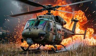 Obraz premium Military Helicopter Attack Amidst Intense Fire and Explosions