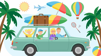 Fototapeta premium Happy family driving car on summer vacation, travel and holiday concept