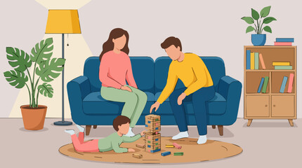 Fototapeta premium Family Playing Block Stacking Game Together at Home Illustration