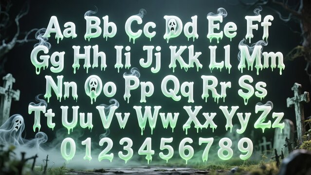 supernatural ectoplasm letters and numbers set against misty cemetery