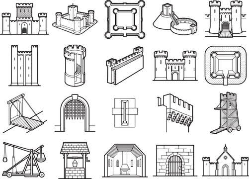 A collection of medieval castle elements and architectural designs, featuring towers, walls, gates, siege weapons, and a well, presented in a clean, graphic illustration style.