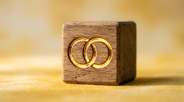 Interlocking wedding rings on wooden block|Rustic marriage symbol concept|Unity and commitment icon engraved in wood|Wedding anniversary gift idea
