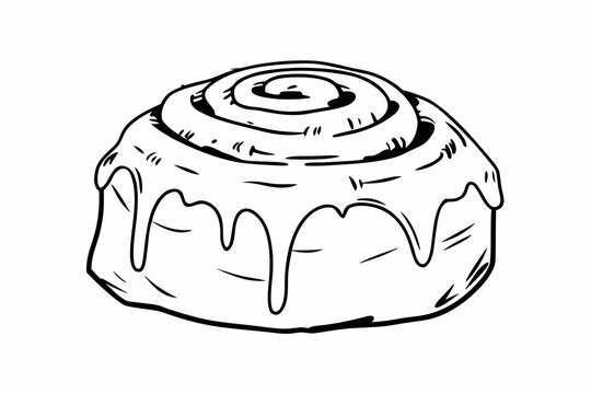 Vector illustration of a freshly baked cinnamon roll with icing. Line art of a sweet pastry topped with glaze, perfect for bakery or dessert themes.