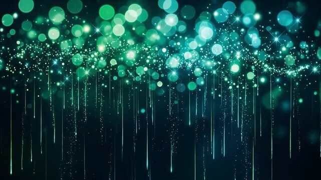 Glowing green particles and bokeh lights falling on dark background.