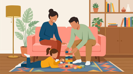 Happy family playing building blocks game together in living room at home