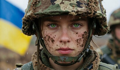 Obraz premium Young Soldier in Muddy Camouflage Helmet Portrait Military Action War Combat