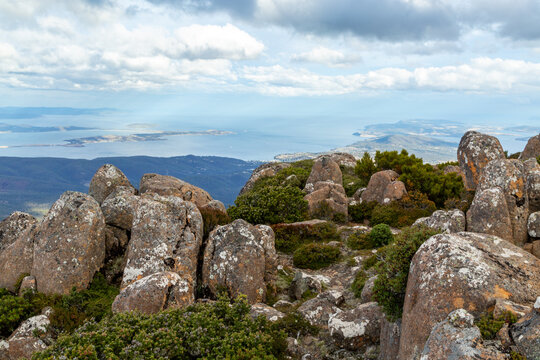 Boulders and low alpine shrubs at the top of Mount Wellington
