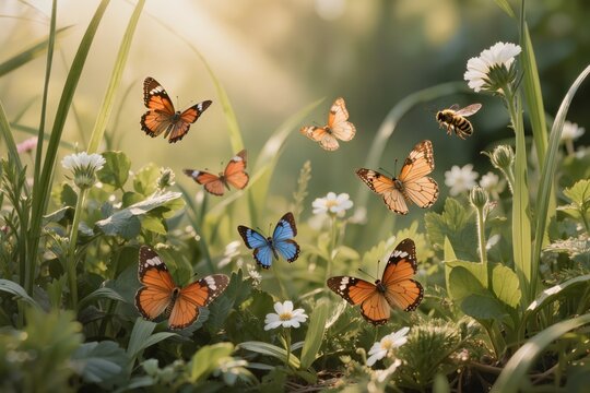 Sc&egrave;ne printani&egrave;re avec papillons, libellules, coccinelles et fleurs sauvages, concept de biodiversit&eacute;, pollinisateurs, nature, &eacute;cosyst&egrave;me et pr&eacute;servation de l'environnement