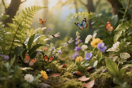 Sc&egrave;ne printani&egrave;re avec papillons, libellules, coccinelles et fleurs sauvages, concept de biodiversit&eacute;, pollinisateurs, nature, &eacute;cosyst&egrave;me et pr&eacute;servation de l'environnement