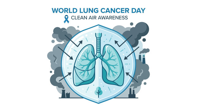 Vector illustration highlighting the critical importance of clean air and robust lung health, showcasing protected human lungs amidst a backdrop of industrial pollution for public awareness campaigns