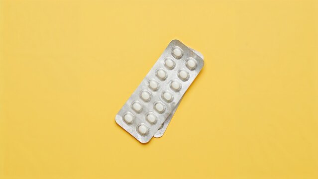 A blister pack of pills on a yellow background.