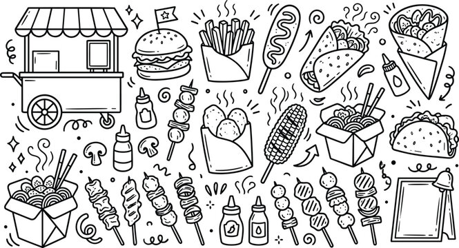 Hand Drawn Street Food Doodle Set with Food Cart Burger Fries Corn Dog Taco Noodle Box and Skewers Line Art Illustration