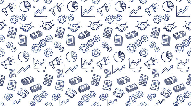 Seamless Business Finance Pattern with Pie Chart Growth Graph Handshake Money Gear and Megaphone Icons Vector Background Illustration