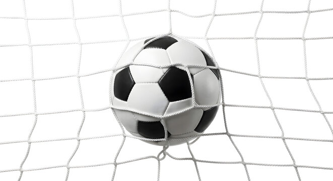 Soccer ball in net isolated PNG, black and white football in goal on transparent background, sports equipment for game
