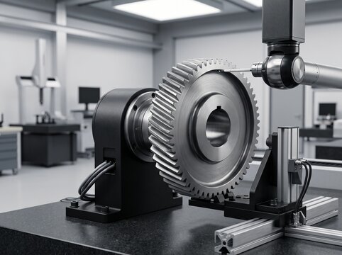 Coordinate measuring machine inspecting precision gear for industrial quality control