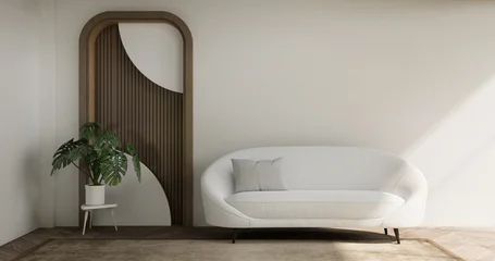 Fotobehang Japandi white sofa armchair minimalist designin living room interior muji style.3D rendering  © Interior Design