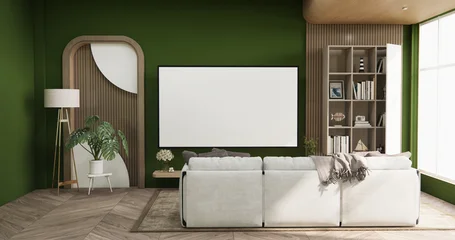 Fototapete Japandi sofa armchair minimalist designin on Green living room interior muji style.3D rendering  © Interior Design