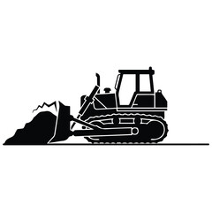 Vector illustration silhouette of bulldozer pushing dirt on construction site, industrial machinery. © MDMONI