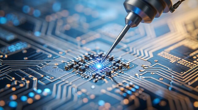 Processor chip with complex pathways and light for computer hardware innovation campaign material
