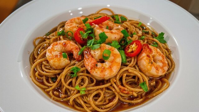 Shrimp and noodle dish with red chili peppers and green onions on a white plate. 2077