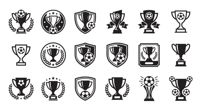 Trophy cup and sports award vector silhouettes set with silhouette champion collection football