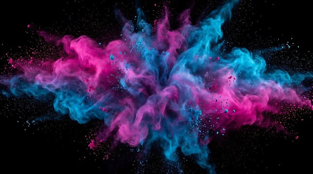 Blue and pink powder explosion on black background. Vibrant paint splash for creative design.