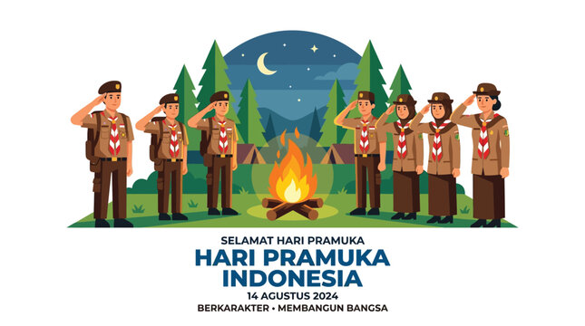 Indonesian Scout Day celebration illustration featuring scouts saluting around a campfire in a forest at night