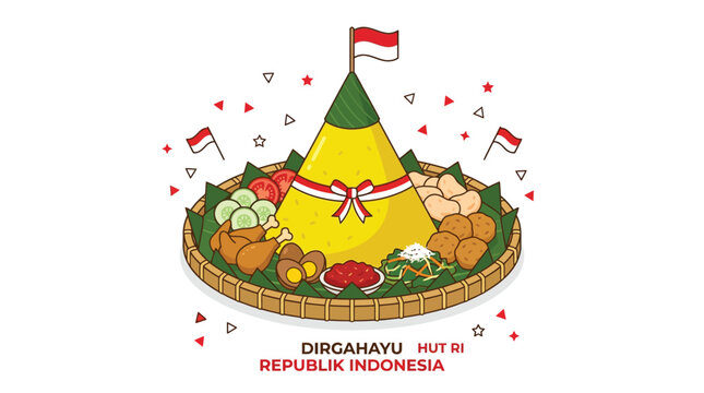 Traditional Indonesian yellow rice cone Tumpeng illustration for independence day celebration with red white flags and side dishes
